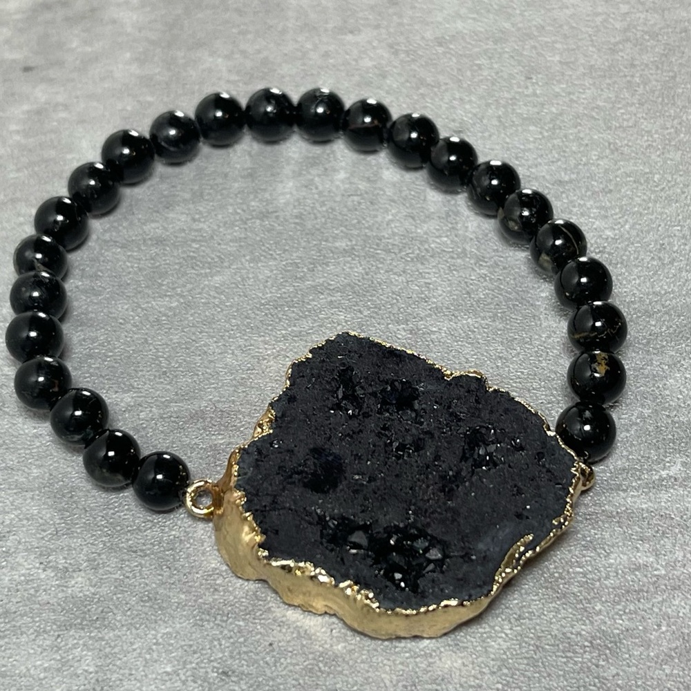 Black Tourmaline with Black Agate stretch bracelet